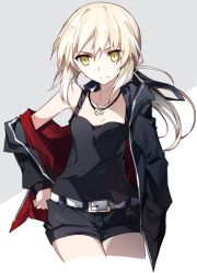 Rule 34 | 1girl, :&lt;, artoria pendragon (all), artoria pendragon (fate), bare shoulders, belt, black ribbon, black shirt, black shorts, blonde hair, blouse, breasts, casual, cleavage, closed mouth, collarbone, commentary request, cross, cross necklace, fate (series), grey background, hair between eyes, hair ribbon, hand on own hip, hands in pockets, hood, hoodie, jewelry, long sleeves, looking at viewer, low ponytail, lying, necklace, official alternate costume, on back, open clothes, open hoodie, pale skin, parted lips, ponytail, ribbon, saber (fate), saber alter, saber alter (ver. shinjuku 1999) (fate), shirt, short shorts, shorts, sidelocks, simple background, small breasts, solo, standing, thighs, tsuezu, white hair, yellow eyes
