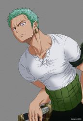 Rule 34 | 1boy, earrings, green hair, highres, jewelry, long sideburns, looking at viewer, male focus, one piece, partially unbuttoned, pectorals, pinattsu, roronoa zoro, sheath, sheathed, shirt, short hair, sideburns, single earring, solo, tight clothes, tight shirt, toned, toned male, upper body, white shirt