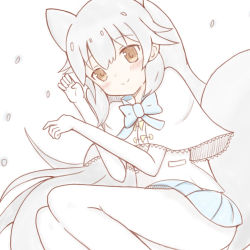 Rule 34 | 1girl, animal ears, arctic fox (kemono friends), blue bow, blue skirt, blush, bow, brown eyes, capelet, closed mouth, commentary request, elbow gloves, fox ears, fox girl, fox tail, gloves, grey hair, hair between eyes, hands up, kemono friends, long hair, pantyhose, pleated skirt, shirt, simple background, skirt, smile, snowing, solo, sunanuko (ramuneko), tail, very long hair, white background, white capelet, white gloves, white pantyhose, white shirt