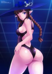 Rule 34 | 1girl, absurdres, anchor, ass, black one-piece swimsuit, blue background, blue headwear, blush, bow, braid, breasts, brown hair, competition swimsuit, from behind, funamusea, hair bow, hat, highres, long hair, looking at viewer, looking back, medium breasts, one-piece swimsuit, one eye closed, oounabara to wadanohara, pointy ears, purple eyes, standing, swimsuit, twin braids, wadanohara, wink, witch, witch hat, zel-sama