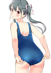 Rule 34 | 1girl, absurdres, ass, blush, clothes pull, from behind, grey hair, hair ribbon, haoriya chie (minidraco), highres, looking at viewer, minidraco, one-piece swimsuit pull, open mouth, original, red eyes, ribbon, school swimsuit, simple background, solo, swimsuit, thighs, twintails, wet