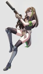 Rule 34 | 1girl, absurdres, armband, armored boots, assault rifle, bare shoulders, black leotard, black thighhighs, boots, brown eyes, brown gloves, brown hair, commentary request, full body, gar32, girls&#039; frontline, gloves, green hair, grey background, gun, hair between eyes, highres, holding, holding gun, holding weapon, knee boots, leotard, long hair, m4 carbine, m4a1 (girls&#039; frontline), multicolored hair, name connection, object namesake, rifle, signature, simple background, solo, streaked hair, thighhighs, very long hair, weapon