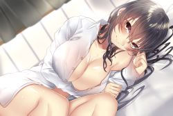 Rule 34 | 1girl, blush, breasts, brown hair, cleavage, closed mouth, collared shirt, commentary request, curtains, dress shirt, highres, large breasts, long hair, looking at viewer, lying, morning, no pants, on side, onineko-chan, open clothes, open shirt, original, shirt, smile, solo, thighs, unbuttoned, white shirt, yellow eyes