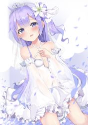 Rule 34 | 1girl, :d, azur lane, bare shoulders, blush, breasts, commentary request, covered navel, criss-cross halter, detached sleeves, dress, dutch angle, frilled dress, frills, hair bun, halterneck, highres, jewelry, long hair, long sleeves, looking at viewer, one side up, open mouth, petals, purple eyes, purple hair, ring, see-through, see-through sleeves, senagawa roro, side bun, simple background, single hair bun, single side bun, small breasts, smile, solo, unicorn (azur lane), very long hair, wedding band, white background, white dress, wide sleeves