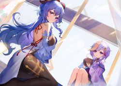 Rule 34 | 2girls, absurdres, ahoge, bandaged leg, bandages, bare shoulders, beads, blue hair, blush, bodystocking, breasts, cape, closed mouth, coconut, detached sleeves, drinking straw, ganyu (genshin impact), genshin impact, hair ornament, hand on own chest, highres, holding, horns, indoors, knees up, long hair, long sleeves, looking at viewer, looking back, medium breasts, multiple girls, ofuda, parted lips, prayer beads, purple cape, purple eyes, purple hair, qiqi (genshin impact), red ribbon, ribbon, short hair, sitting, tassel, very long hair, wide sleeves, window, yi (saver5607)