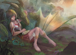 Rule 34 | 1girl, anklet, barefoot, breasts, brown eyes, cleavage, dragon, closed eyes, feathers, feet, flower, forest, full body, glowing, glowing eyes, green hair, hand on another&#039;s head, highres, horns, jewelry, long hair, lying, nature, on back, original, outdoors, scales, sheng, sitting, slime (creature), smile, tree, wings