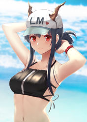 Rule 34 | 1girl, absurdres, arknights, arm behind back, armpits, arms up, bare arms, bare shoulders, baseball cap, black hair, blue sky, blurry, blurry background, breasts, ch&#039;en (arknights), ch'en (arknights), cloud, crop top, day, depth of field, female tourist c (arknights), halterneck, hat, highres, horns, horns through headwear, long hair, looking at viewer, medium breasts, midriff, navel, official alternate costume, red eyes, rko (a470350510), sidelocks, sky, sleeveless, smile, solo, stomach, upper body, wristband