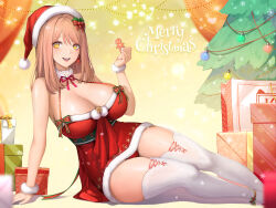 Rule 34 | 1girl, 2r- (pixiv8168114), absurdres, bag, bare shoulders, belt, black belt, blinking, box, breasts, christmas tree, cleavage, dress, earrings, emma (color me red) (nikke), emma (nikke), feet out of frame, fur-trimmed dress, fur trim, gift, gift box, goddess of victory: nikke, hands up, hat, high heels, highres, holding, jewelry, large breasts, light brown hair, long hair, looking at viewer, neck ribbon, official alternate costume, open mouth, panties, pantyshot, pom pom (clothes), red dress, red footwear, red panties, red ribbon, ribbon, santa hat, sitting, sleeveless, sleeveless dress, smile, snowflakes, solo, sparkle, teeth, thick thighs, thighhighs, thighs, underwear, upper teeth only