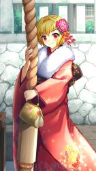 Rule 34 | 1girl, blonde hair, blush, closed mouth, doukyuusei another world, flower, furisode, game cg, hair between eyes, hair flower, hair intakes, hair ornament, horiide mika, japanese clothes, kakyuusei 2, kimono, long sleeves, looking at viewer, outdoors, pink flower, pink kimono, red eyes, short hair, smile, solo, standing, wide sleeves