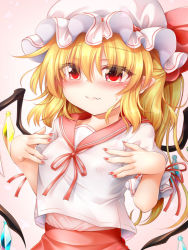 Rule 34 | 1girl, blonde hair, blush, flandre scarlet, hair between eyes, hand on own chest, hands up, hat, marukyuu ameya, multicolored wings, nail polish, pink background, pink nails, pink ribbon, pink skirt, red eyes, red ribbon, ribbon, sailor collar, skirt, solo, touhou, white hat, wings