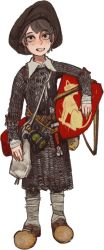Rule 34 | 1boy, armor, bandaged leg, bandages, belt, black eyes, brown belt, chainmail, dagger, freckles, full body, grey hair, hat, highres, holding, holding shield, knife, long sleeves, looking at viewer, male focus, mossacannibalis, original, parted lips, shield, short hair, simple background, smile, solo, weapon, white background