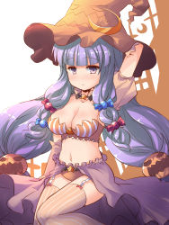 Rule 34 | 1girl, alternate costume, alternate hairstyle, arm at side, arm behind head, bare shoulders, blunt bangs, breasts, cleavage, detached sleeves, fujiyama takashi, garter straps, hair over shoulder, hair ribbon, halloween, highres, long hair, looking at viewer, low twintails, medium breasts, midriff, navel, open mouth, patchouli knowledge, puffy short sleeves, puffy sleeves, purple eyes, purple hair, purple thighhighs, ribbon, short sleeves, sidelocks, sitting, skirt, skirt set, solo, striped clothes, striped thighhighs, thighhighs, thighs, touhou, tress ribbon, twintails, vertical-striped clothes, vertical-striped thighhighs, very long hair