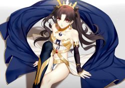 Rule 34 | 1girl, arm at side, arm support, armlet, asymmetrical legwear, bare arms, bare legs, bare shoulders, black detached sleeves, black hair, black ribbon, black thighhighs, blue mantle, breasts, capelet, cleavage, clothing cutout, collarbone, crown, detached sleeves, earrings, fate/grand order, fate (series), female focus, from above, gem, grey background, hair ornament, hair ribbon, hoop earrings, inanome me, ishtar (fate), jewelry, knee up, legs, long hair, looking at viewer, looking up, midriff, navel, navel cutout, neck ring, parted bangs, parted lips, red eyes, revealing clothes, ribbon, serious, shadow, signature, single thighhigh, sitting, small breasts, solo, stomach, strapless, thighhighs, tohsaka rin, two side up, type-moon, uneven legwear, very long hair, waist cape