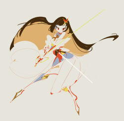 Rule 34 | 1girl, black hair, closed mouth, full body, holding, holding weapon, long hair, looking at viewer, magia record: mahou shoujo madoka magica gaiden, magical girl, mahou shoujo madoka magica, minagi sasara, red eyes, she li (lynxm), simple background, solo, standing, very long hair, weapon