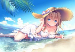 Rule 34 | 1girl, adjusting clothes, adjusting headwear, amanagi seiji, bare shoulders, beach, blonde hair, blush, breasts, choker, cleavage, cloud, collarbone, day, dress, dress tug, hairband, hat, large breasts, long hair, looking at viewer, lying, ocean, on stomach, original, outdoors, palm leaf, sand, see-through, sidelocks, sky, solo, straw hat, water, wet, wet clothes, white choker, white dress