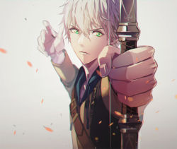 Rule 34 | &gt;:(, 1boy, ashe ubert, bad id, bad pixiv id, bow (weapon), closed mouth, fire emblem, fire emblem: three houses, garreg mach monastery uniform, gradient background, green eyes, grey background, hair between eyes, holding, holding bow (weapon), holding weapon, long sleeves, looking at viewer, male focus, nintendo, outstretched arm, school uniform, serious, silver hair, solo, tsukimura noe, upper body, weapon