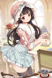 Rule 34 | 1girl, artist name, black hair, blush, brown eyes, brown hair, chair, comet (teamon), company name, cup, flower, food, frills, hat, indoors, long hair, macaron, maid, mandrake girls 2, mob cap, official art, parted lips, plate, skirt, smile, solo, striped clothes, striped skirt, table, teacup, teapot, thighhighs, vase, vertical-striped clothes, vertical-striped skirt, window, zettai ryouiki