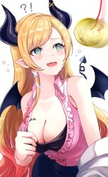 Rule 34 | !?, 1girl, absurdres, afterimage, asymmetrical hair, black skirt, blonde hair, blush, breast tattoo, breasts, cleavage, clothes pull, coin, coin on string, collared shirt, commentary, cowboy shot, demon girl, demon horns, demon tail, demon wings, drooling, fang, frilled shirt, frills, furrowed brow, gradient hair, green eyes, heart, heart tattoo, highres, hololive, horns, hypnosis, kudoukudokudo, large breasts, long hair, looking up, mind control, motion blur, mouth drool, multicolored hair, open mouth, pencil skirt, pink hair, pink shirt, plunging neckline, pulled by self, shirt, shirt pull, shirt tucked in, simple background, single sidelock, skin fang, skirt, sleeveless, sleeveless shirt, solo, standing, sweat, swept bangs, tail, tattoo, two-tone hair, virtual youtuber, white background, wing collar, winged heart, wings, yuzuki choco, yuzuki choco (1st costume)