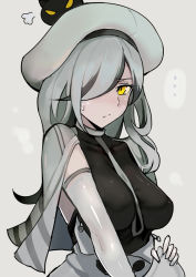 Rule 34 | ..., 10s, 1girl, abyssal ship, beret, blush, breasts, capelet, colored skin, embarrassed, from side, hair ornament, hair over one eye, hat, kantai collection, long hair, looking at viewer, medium breasts, seaplane tender water princess, solo, spoken ellipsis, upper body, walzrj, white hair, white hat, white skin, yellow eyes