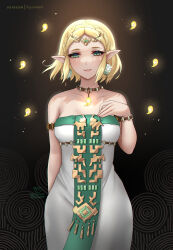 Rule 34 | 1girl, absurdres, armlet, arms behind back, bare shoulders, black background, blonde hair, blush, bracelet, breasts, circlet, collarbone, dress, earrings, green eyes, grin, half-closed eyes, hand on own chest, highres, jewelry, long dress, looking at viewer, lying, medium breasts, neck, necklace, nintendo, on back, parted bangs, pointy ears, princess zelda, ryuuneart, short hair, smile, solo, strapless, strapless dress, the legend of zelda, the legend of zelda: tears of the kingdom, thighs, white dress