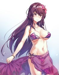 Rule 34 | 1girl, aningay, bad id, bad twitter id, bikini, bracelet, breasts, bridal garter, closed mouth, collarbone, contrapposto, cowboy shot, fate/grand order, fate (series), flower, gradient background, hair flower, hair ornament, halterneck, highres, jewelry, kunai, large breasts, long hair, looking at viewer, navel, pink bikini, purple hair, red eyes, sarong, scathach (fate), scathach (fate/grand order), scathach (swimsuit assassin) (fate), side-tie bikini bottom, simple background, smile, solo, standing, swimsuit, very long hair, weapon