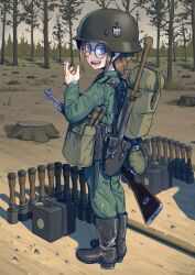 Rule 34 | 1girl, backpack, bag, bayonet, blue eyes, bolt action, boots, braid, brown hair, cigarette, combat helmet, commentary, dirty, dirty clothes, english commentary, erica (naze1940), explosive, french braid, gas can, glasses, grenade, gun, helmet, highres, holding, holding cigarette, holding gun, holding weapon, looking at viewer, mauser 98, military, military uniform, original, pants, pants tucked in, rifle, shovel, solo, stahlhelm, stick grenade, stielhandgranate, tree stump, uniform, weapon, wehrmacht, world war ii