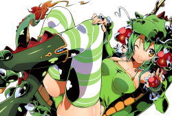 Rule 34 | 1girl, animal costume, bare shoulders, boots, breasts, claws, cleavage, dragon, green hair, green panties, hand on own knee, jacket, one eye closed, open clothes, open jacket, original, panties, short hair, smile, solo, striped clothes, striped thighhighs, tail, thighhighs, underwear, wink, yellow eyes, yuuzii