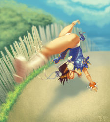 Rule 34 | 1girl, boots, bracelet, brown eyes, brown hair, bun cover, capcom, china dress, chinese clothes, chun-li, cross-laced footwear, dated, double bun, dress, eduardo dominguez, female focus, hair bun, handstand, jewelry, legs, motion blur, nature, one arm handstand, outdoors, panties, pantyhose, plant, sky, solo, spiked bracelet, spikes, spinning bird kick, split, street fighter, underwear