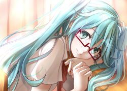 Rule 34 | 1girl, ahoge, alternate costume, aqua eyes, aqua hair, arm rest, bad id, bad pixiv id, chair, curtains, desk, glasses, hatsune miku, head rest, highres, long hair, looking at viewer, looking back, masami chie, red-framed eyewear, shirt, sitting, smile, solo, twintails, very long hair, vocaloid