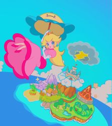 Rule 34 | 1girl, ashleigh hetrick, blonde hair, blue eyes, boo (mario), castle, commentary, dress, earrings, english commentary, floating, forest, hair behind ear, high heels, highres, jewelry, lightning bolt symbol, mario (series), lava, mountain, nature, nintendo, ocean, parasol, perry (mario), pink dress, pink footwear, princess peach, rainbow, solo, sparkle, super princess peach, umbrella