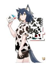 Rule 34 | 2021, absurdres, animal ear fluff, animal ears, animal print, bike shorts, black hair, blonde hair, chinese zodiac, cow print, deel (rkeg), dog ears, dog tail, from side, grin, highres, looking at viewer, milk, multicolored hair, original, short hair, shorts, simple background, smile, solo, tail, thick eyebrows, white background, year of the ox
