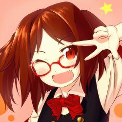 Rule 34 | 1girl, :d, ;d, blew andwhite, blush, bow, bowtie, brown hair, fang, glasses, looking at viewer, one eye closed, open mouth, original, pink background, red-framed eyewear, red eyes, simple background, smile, solo, star (symbol), tahoo, twintails, upper body, v, wink