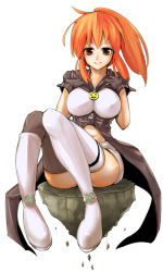 Rule 34 | aguhari, bad id, bad pixiv id, boots, breasts, brown eyes, gloves, large breasts, orange hair, ponytail, psyren, sitting, smile, tenjuin marie, thigh boots, thighhighs