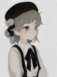 Rule 34 | 1girl, :o, arms at sides, beret, black hat, black ribbon, brown eyes, brown hair, collared shirt, colored inner hair, commentary request, flower, from side, grey hair, hair flower, hair ornament, hair ribbon, hat, hatoba tsugu, long sleeves, looking ahead, mikazuki (mikadukia031), multicolored hair, neck ribbon, open mouth, profile, ribbon, rose, shirt, simple background, single hair ring, solo, suspenders, tsugu (vtuber), upper body, virtual youtuber, white background, white flower, white rose