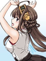 Rule 34 | 1girl, :d, ahoge, armpits, arms up, breasts, brown hair, dated, gradient background, hairband, kantai collection, kongou (kancolle), long hair, looking at viewer, medium breasts, nontraditional miko, open mouth, sleeveless, smile, solo, tatsumi ray, twitter username, upper body