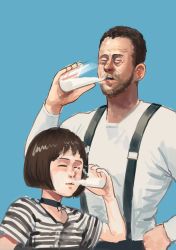 Rule 34 | 1girl, absurdres, beard, black choker, blouse, blue background, bob cut, brown hair, chanta (ayatakaoisii), choker, closed eyes, commentary request, cup, drinking, drinking glass, facial hair, glass, height difference, highres, leon (leon the professional), leon the professional, long sleeves, mathilda lando, milk, shirt, short sleeves, simple background, solo, striped clothes, striped shirt, white shirt
