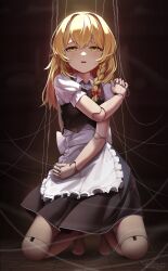 Rule 34 | 1girl, apron, black background, blonde hair, bow, braid, commentary, doll joints, english commentary, full body, hair bow, half-closed eyes, highres, joints, kirisame marisa, kneeling, looking at viewer, open mouth, red bow, side braid, simple background, single braid, solo, touhou, vrabius, white apron, yellow eyes