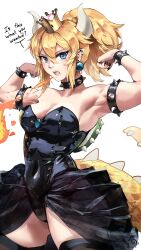 Rule 34 | 1girl, absurdres, armlet, armpits, arms up, black collar, black leotard, black nails, blonde hair, blue eyes, bowsette, bracelet, breasts, breath weapon, breathing fire, cleavage, collar, crown, ear piercing, earrings, fingernails, fire, flexing, highres, horns, jewelry, large breasts, leotard, looking at viewer, mario (series), medium breasts, meltyrice, muscular, muscular female, nail polish, new super mario bros. u deluxe, nintendo, open mouth, piercing, pointy ears, ponytail, sharp fingernails, sharp teeth, skirt, spiked armlet, spiked bracelet, spiked collar, spiked shell, spiked tail, spikes, strapless, strapless leotard, super crown, tail, teeth, thighhighs, turtle shell