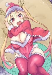 Rule 34 | 1girl, :d, blonde hair, christmas, cool-kyou shinja, dragon girl, dragon horns, dragon tail, hat, highres, horns, kobayashi-san chi no maidragon, long hair, looking at viewer, open mouth, red eyes, red hat, red thighhighs, santa hat, smile, solo, tail, thighhighs, tohru (maidragon), twintails