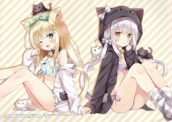 Rule 34 | 2girls, :3, ;o, absurdres, animal, animal ears, animal hood, animal on head, bell, black cat, black choker, black jacket, blonde hair, blue bra, blue panties, blush, bow, bra, cat, cat ears, cat girl, cat hood, cat on head, cat tail, choker, cinderella bust, commentary request, diagonal stripes, fang, feet out of frame, frilled bra, frilled panties, frills, green bow, green eyes, grey bow, hair bow, hair ornament, hairclip, halterneck, hand to own mouth, head tilt, highres, hood, hood down, hood up, hooded jacket, hoshi (snacherubi), huge filesize, interlocked fingers, intertwined tails, jacket, jingle bell, long sleeves, loose socks, low twintails, multiple girls, neck bell, no pants, off shoulder, on head, one eye closed, open clothes, open jacket, open mouth, original, panties, parted lips, purple bow, purple bra, purple panties, side-tie panties, sidelocks, silver hair, sitting, sleeves past wrists, socks, striped background, striped clothes, striped legwear, striped socks, tail, tsurime, twintails, underwear, white bow, white cat, white choker, white jacket, yellow eyes