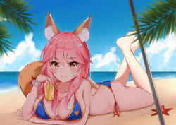 Rule 34 | 1girl, absurdres, animal ear fluff, animal ears, ass, bad id, bad pixiv id, beach umbrella, bikini, blue bikini, blue sky, breasts, butt crack, catnnn, cleavage, collarbone, commentary, commentary request, day, fate/grand order, fate (series), fox ears, fox girl, fox tail, highres, large breasts, crossed legs, looking at viewer, lying, ocean, on stomach, outdoors, palm leaf, pink hair, side-tie bikini bottom, sky, solo, starfish, swimsuit, tail, tamamo (fate), tamamo no mae (swimsuit lancer) (fate), the pose, umbrella, yellow eyes