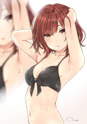 Rule 34 | 1girl, armpits, arms up, black bra, bra, breasts, brown eyes, brown hair, commentary request, front-tie bra, hair ornament, hairclip, highres, higuchi madoka, idolmaster, idolmaster shiny colors, nagi (shunsuke-manage), navel, parted lips, short hair, signature, small breasts, solo, sweat, underwear, upper body