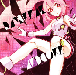 Rule 34 | 1girl, album cover, bad id, bad pixiv id, cover, gloves, gradient background, highres, joints, open mouth, original, outstretched arm, pink hair, polka dot, polka dot background, red eyes, robot joints, shards, sleeveless, solo, white gloves, zombie neko
