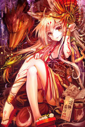 Rule 34 | 1girl, ahoge, akabane (zebrasmise), animal, animal ears, ankle cuffs, anklet, blonde hair, book, bracelet, creature, facial mark, feet, fingernails, foreshortening, fox, fox ears, fox tail, geta, hand in own hair, highres, holding, japanese clothes, jewelry, kimono, kiseru, crossed legs, long hair, looking at viewer, nail polish, obi, oil-paper umbrella, open book, open clothes, open mouth, original, oversized animal, panties, petals, smoking pipe, red eyes, red panties, sandals, sash, sharp fingernails, sitting, smile, solo, tail, tattoo, toes, umbrella, underwear, yellow eyes