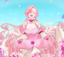 Rule 34 | 1girl, ^ ^, ^o^, breasts, cleavage, closed eyes, clothes lift, code geass, double bun, dress, dress lift, earrings, euphemia li britannia, facing viewer, hair bun, highres, jewelry, large breasts, lifted by self, long hair, medium breasts, noppo, petals, pink hair, solo