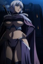 Rule 34 | 1girl, absurdres, armor, breasts, cape, castle, dark-skinned female, dark skin, detached sleeves, exposed bellybutton, gladys von walkenheim, highres, huge breasts, kyonyuu fantasy, night, night sky, purple hair, red eyes, resized, revealing clothes, screencap, short hair, sky, stitched, sword, thick thighs, thighs, third-party edit, thong, underboob, upscaled, weapon