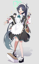 Rule 34 | 1girl, :d, absurdres, apron, aqua halo, aris (blue archive), aris (maid) (blue archive), black hair, blue archive, blue bow, blue bowtie, blue eyes, bow, bowtie, commentary request, full body, halo, highres, jacket, long hair, looking at viewer, maid, maid apron, maid headdress, mary janes, official alternate costume, open clothes, open jacket, open mouth, parted bangs, ponytail, rectangular halo, shoes, short sleeves, simple background, smile, socks, solo, sparkle, standing, standing on one leg, sukajan, white socks, yuki hishaku