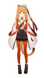 Rule 34 | 1girl, animal ears, breasts, cleavage, full body, hair ornament, hairclip, highres, indie virtual youtuber, jacket, looking at viewer, military, military uniform, moofie (vtuber), orange hair, orange pantyhose, pantyhose, second-party source, solo, tail, thigh strap, tiger ears, tiger girl, tiger tail, tokkiria, uniform, virtual youtuber, white headwear, white jacket, yellow eyes