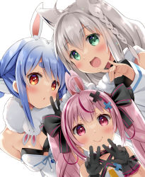 Rule 34 | 3girls, :d, ahoge, animal ear fluff, animal ears, bare shoulders, black gloves, blue hair, blush, braid, breasts, cleavage, closed mouth, commentary, criss-cross halter, crossover, detached sleeves, don-chan (usada pekora), double w, dress, fox ears, fox shadow puppet, gloves, green eyes, grey hair, hair between eyes, halterneck, hololive, long sleeves, looking at viewer, multicolored hair, multiple girls, natsume eri, open mouth, parted lips, pink hair, rabbit-shaped pupils, rabbit ears, red eyes, shirakami fubuki, shirakami fubuki (1st costume), short eyebrows, simple background, small breasts, smile, strapless, strapless dress, streaked hair, symbol-only commentary, symbol-shaped pupils, thick eyebrows, tomari mari, tomari mari channel, twin braids, twintails, two-tone hair, upper body, usada pekora, usada pekora (1st costume), virtual youtuber, w, white background, white dress, white hair, white sleeves, wide sleeves