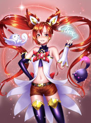 Rule 34 | 1girl, :3, = =, absurdres, alternate costume, alternate hair color, bare shoulders, belt, blak at, blush, boots, breasts, brown eyes, brown shorts, character name, closed mouth, earclip, familiar, glint, grin, hand on own hip, highres, horns, jinx (league of legends), kuro (league of legends), league of legends, long hair, looking at viewer, magical girl, navel, nose blush, orange hair, red hair, shiro (league of legends), shorts, single horn, small breasts, smile, sparkle, star (symbol), star guardian (league of legends), star guardian jinx, thigh boots, thighhighs, twintails, very long hair